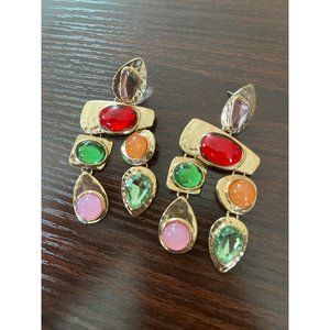 Chunky gold earrings chandelier vintage style red pink long multicolor statement